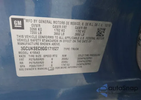 2016 Chevrolet Silverado 1500 1Lz из США, поврежденный, VIN 3GCUKSEC8GG171627